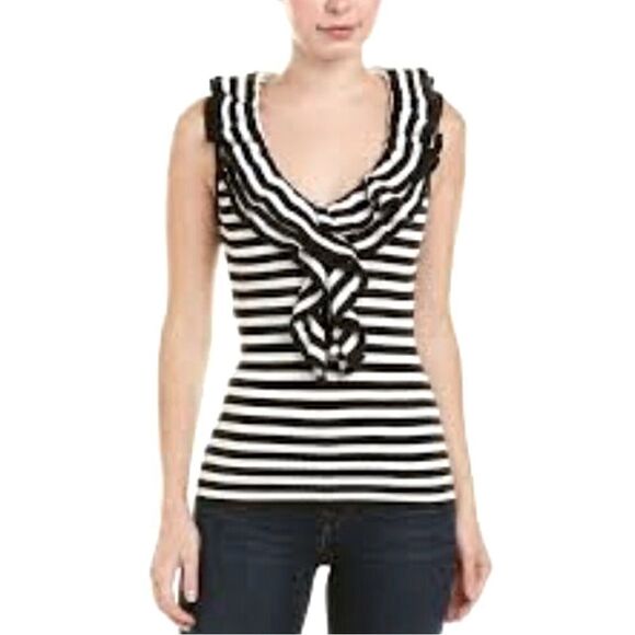 Trina Turk Black White Striped Quill Sleeveless Ruffle Neck Knit Top - Picture 1 of 11